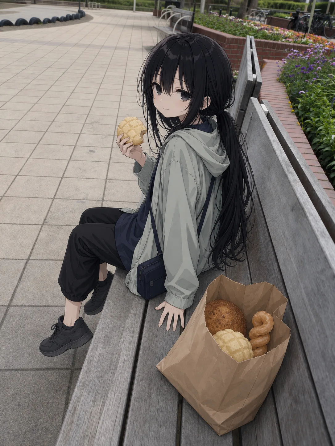 タイヤ公園の花壇ベンチで朝ごはん