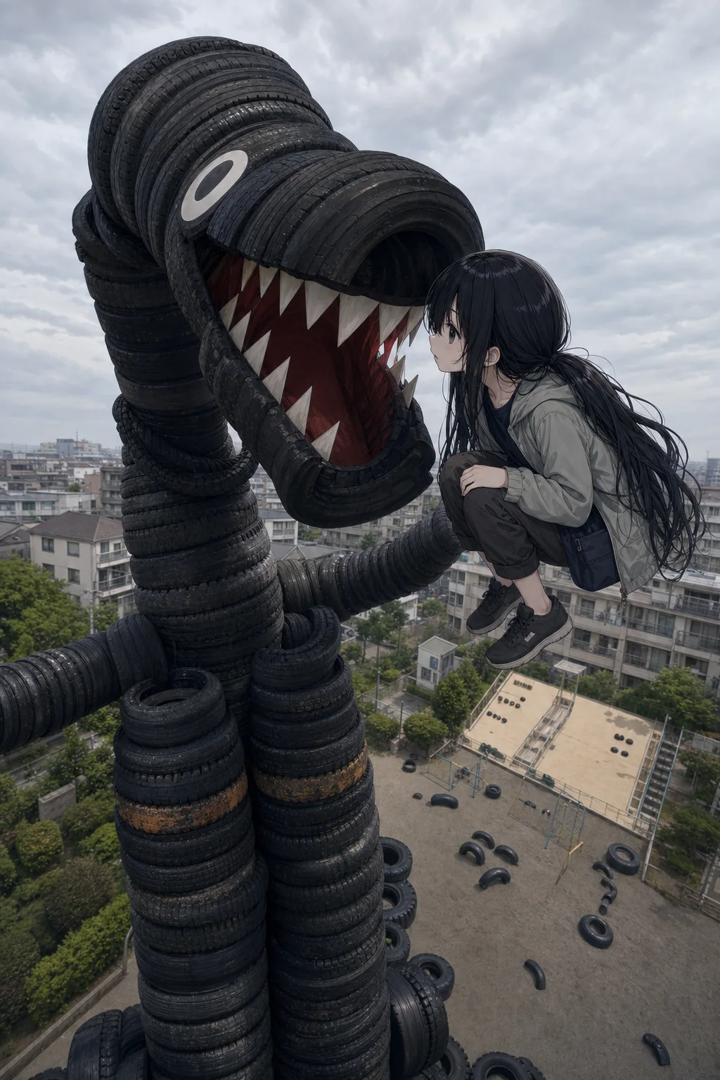 タイヤ怪獣の口元を覗く凜