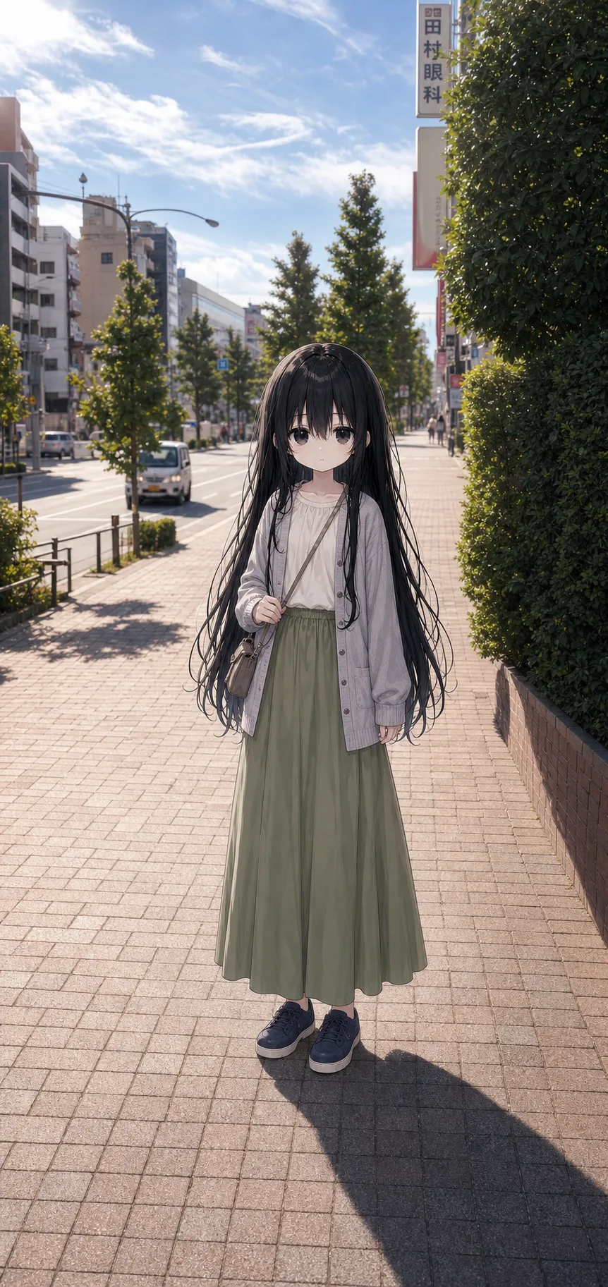 出発前、今日のコーデ。生成りのブラウスと若草色のロングスカート