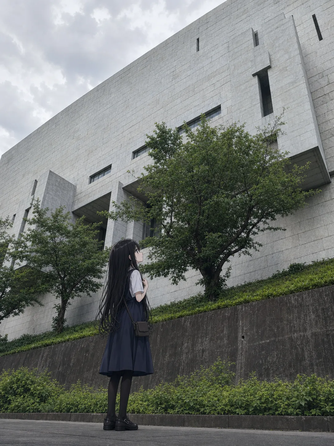見上げた最高裁判所の石壁。細いスリット窓だけがある要塞