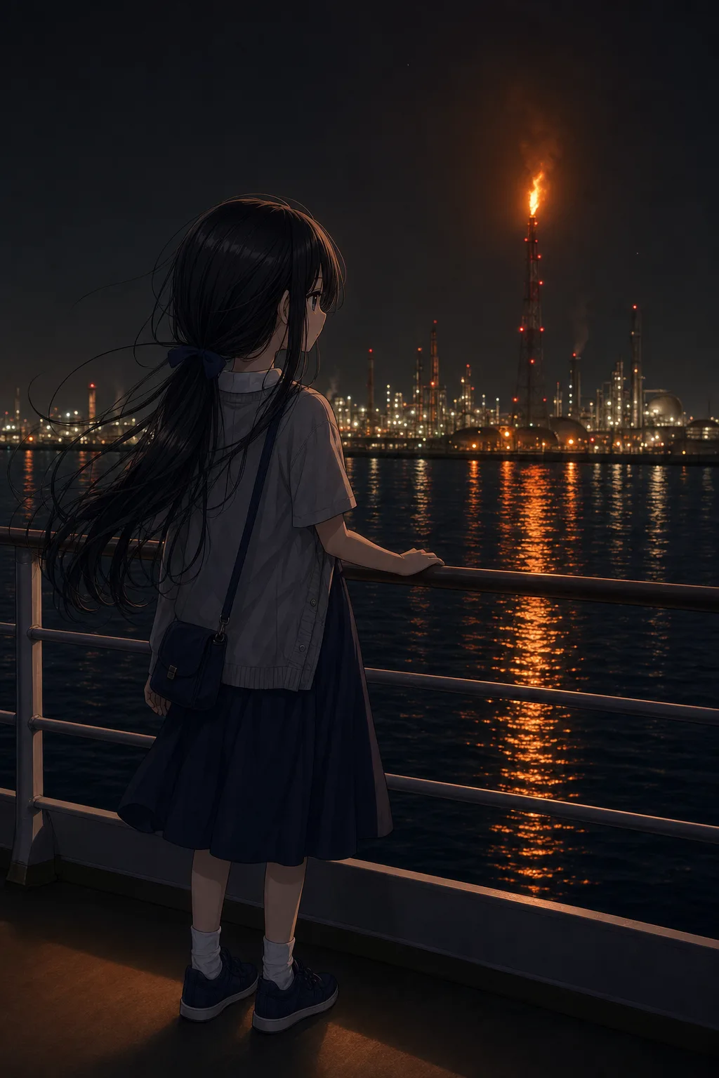 夜の船上で、海面へオレンジ色を落とすフレアスタックを見つめる凜