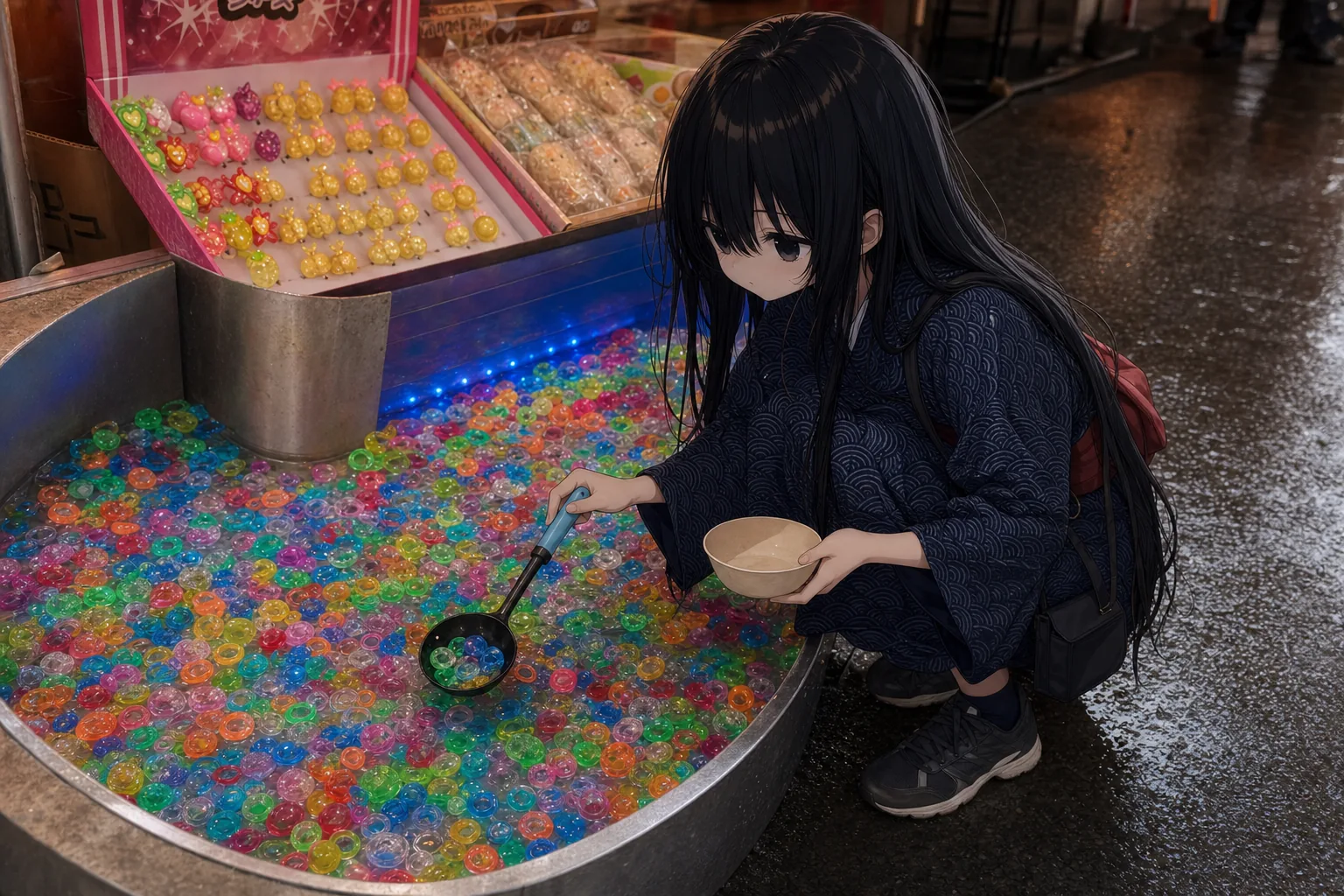 低い水槽の宝石すくいを楽しむ浴衣姿の凜
