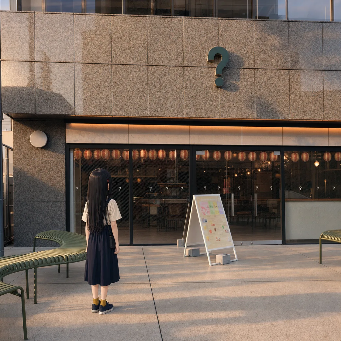 夕方の歩道に凜が後ろ姿で立ち、店の正面と、その入口の上の壁にひとつだけ付いた緑の「？」に向き合っている。両腕は体の脇に下ろし、黒い小さなポーチが左の腰に下がっている。左右に緑の曲線ベンチ、右に白いA看板。ガラス面には小さな「？」が点々と貼られ、内側に、淡い色の胴の中ほどへ赤い帯を巻いた提灯が横一列に連なる。低い日が右から差して、「？」と看板の影が左へ伸びている