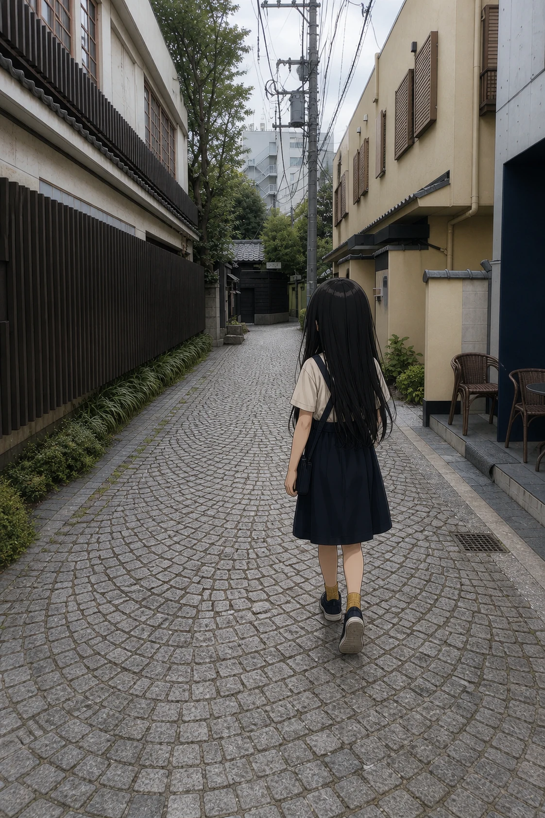 左を板塀、右を建物に挟まれた路地。路面はサイコロ状の小さな敷石で埋め尽くされ、扇形の弧が幾重にも重なりながら、路地の曲がりに合わせて向きを変えて奥へ続いている。左は黒い焼杉の縦板塀と瓦の小庇、右はクリーム色の壁と木のルーバー雨戸、いちばん右にラタンの椅子と丸テーブル。上を電柱と電線が横切り、奥の突き当たりに瓦屋根の門と木立、その向こうに白い高層の建物。凜は手前寄りを奥へ歩いていて、横顔も見えない完全な後ろ姿で、頭をわずかに下げている