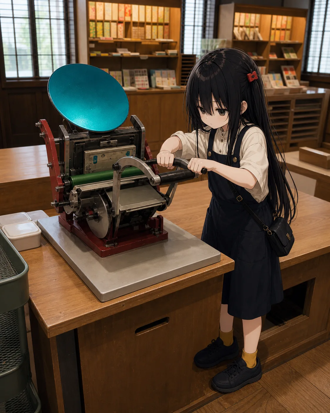 木のカウンターに据えられた赤い機体のテキン（卓上活版印刷機）。上部に緑青色の円いインキ盤、中央に緑のローラー。凜は右から身を乗り出して両手でハンドルを握り、手前へ引き下ろしている。視線はハンドルではなく、版と紙が触れる位置へ向いている