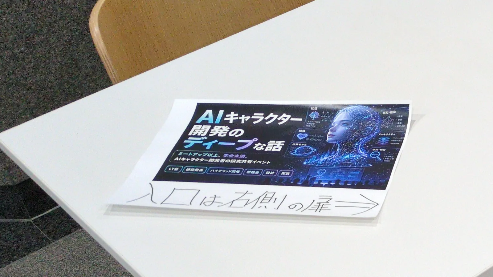 白い受付机に置かれた「AIキャラクター開発のディープな話」のパンフレットと、手書きの入口案内