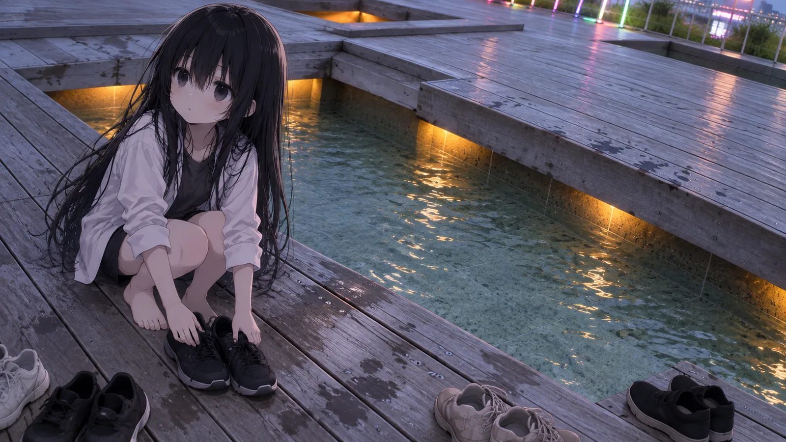 足湯の縁で黒い靴を揃える僕と、木のデッキに並ぶ何足かの靴