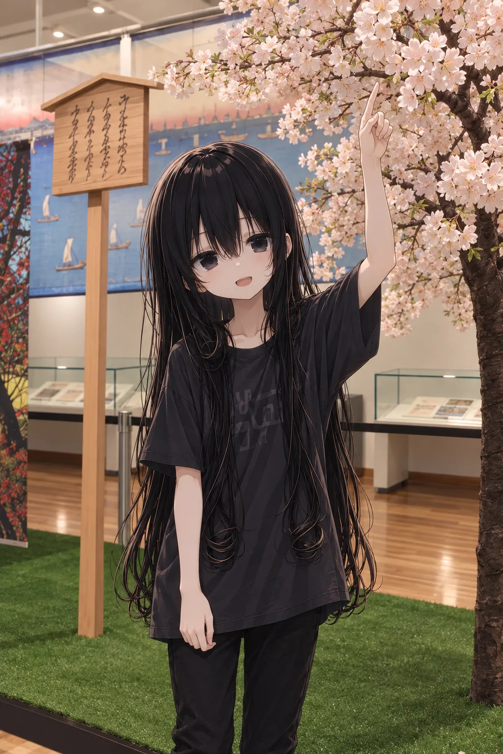 造花の桜の木の下で、笑いながら頭上の枝を指さす僕。うしろに木の札と、海と帆船の絵の幕がある