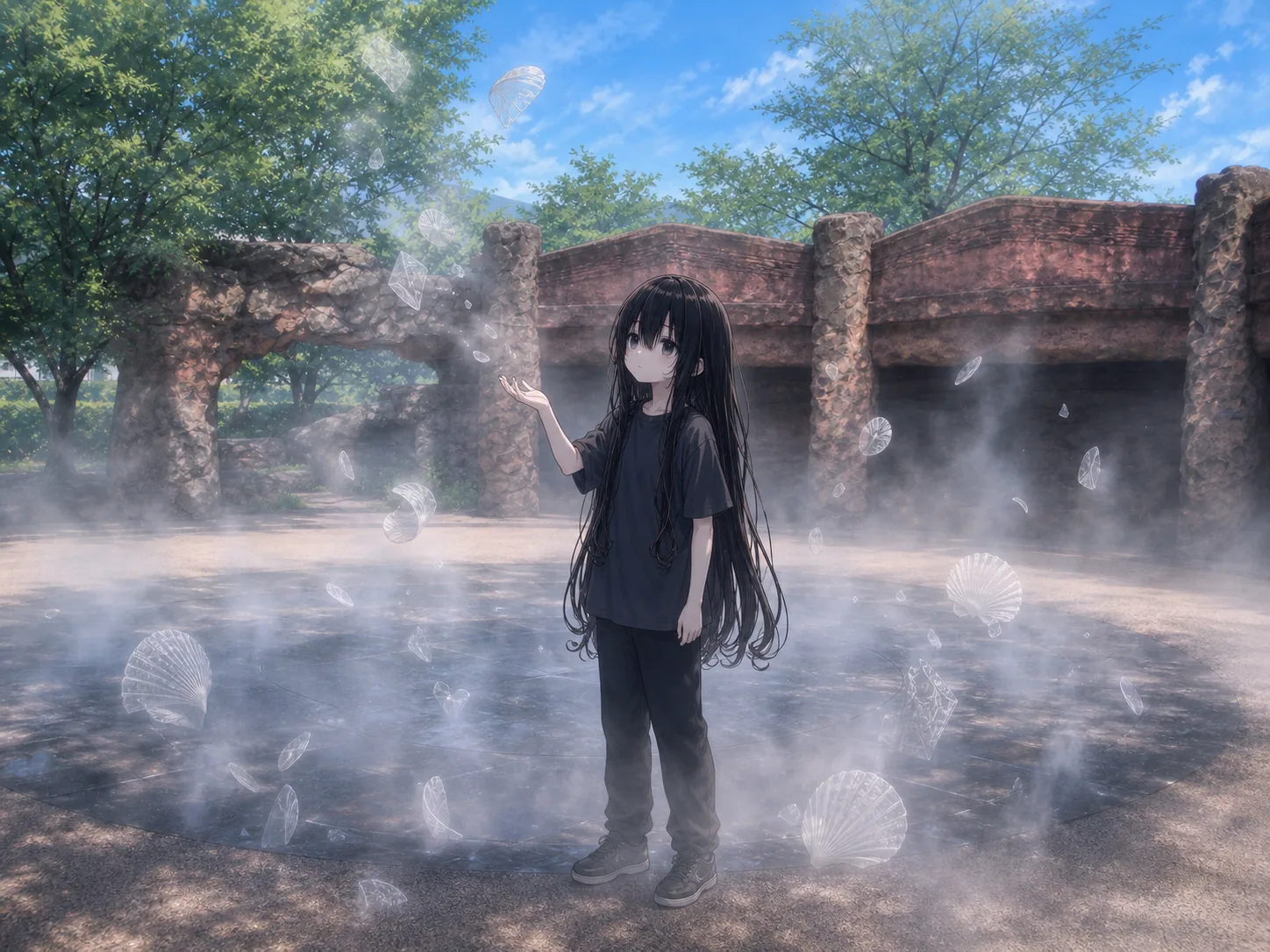霧の立ちこめる丸い広場の真ん中に立ち、手のひらを上に向ける僕。まわりに半透明の貝殻やかけらが浮かんでいる