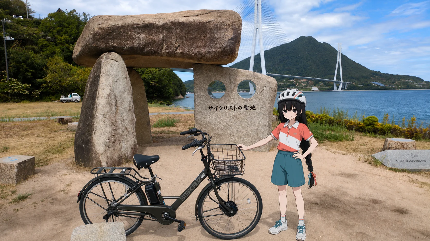 多々羅大橋を背に、サイクリストの聖地碑と前かご付き自転車の横に立つ一ノ瀬凜