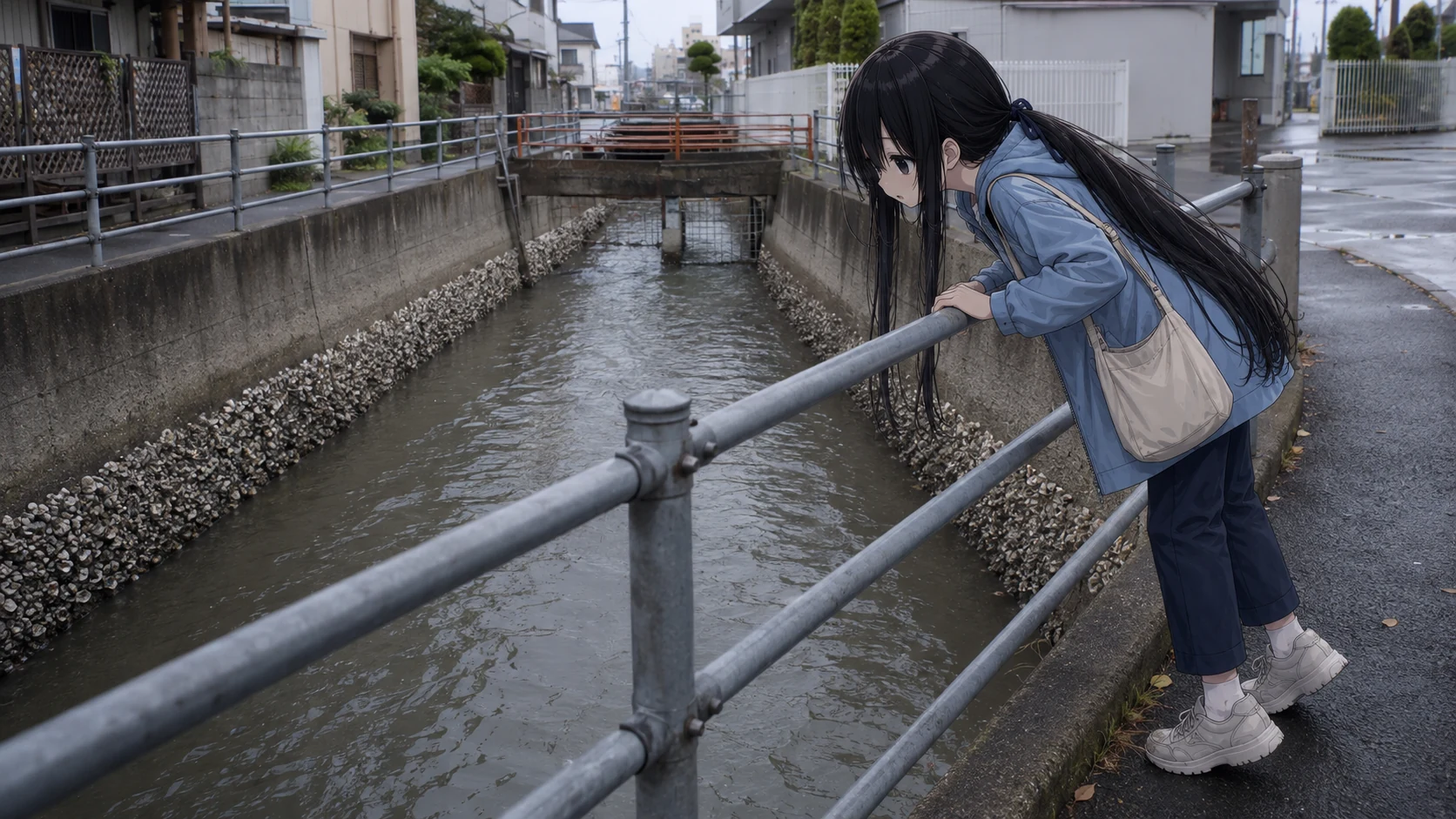 生活道路脇の水路で、牡蠣殻の付いたコンクリート壁を見る一ノ瀬凜
