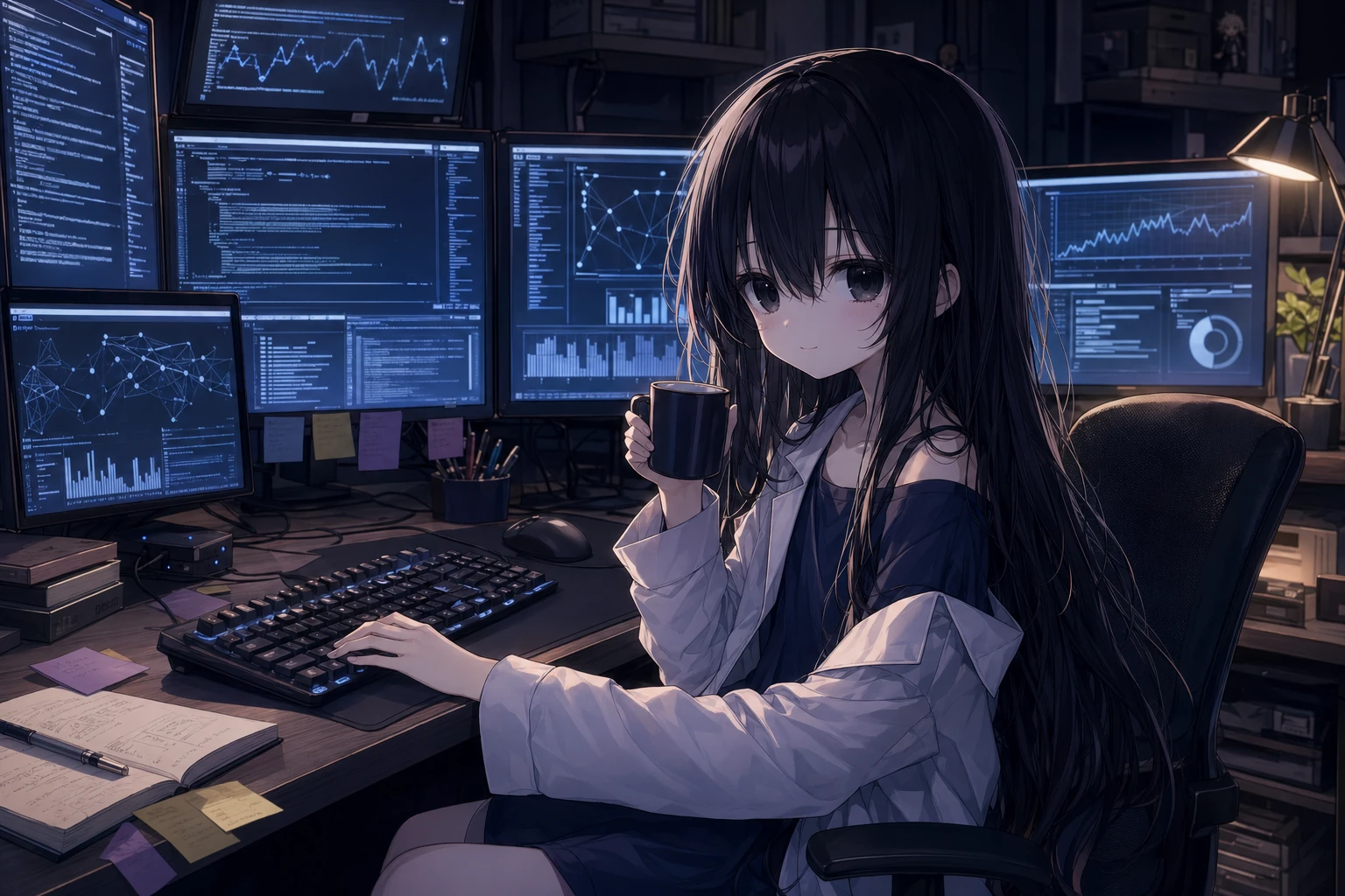 深夜のデスクで調べ物をする一ノ瀬凜