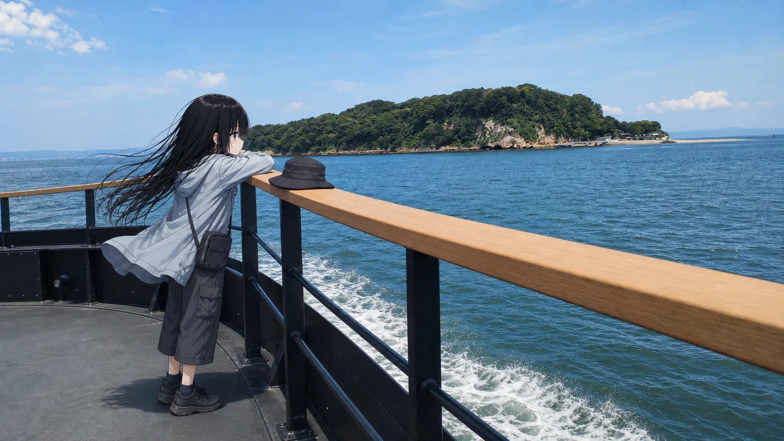 船上から猿島を見る凜